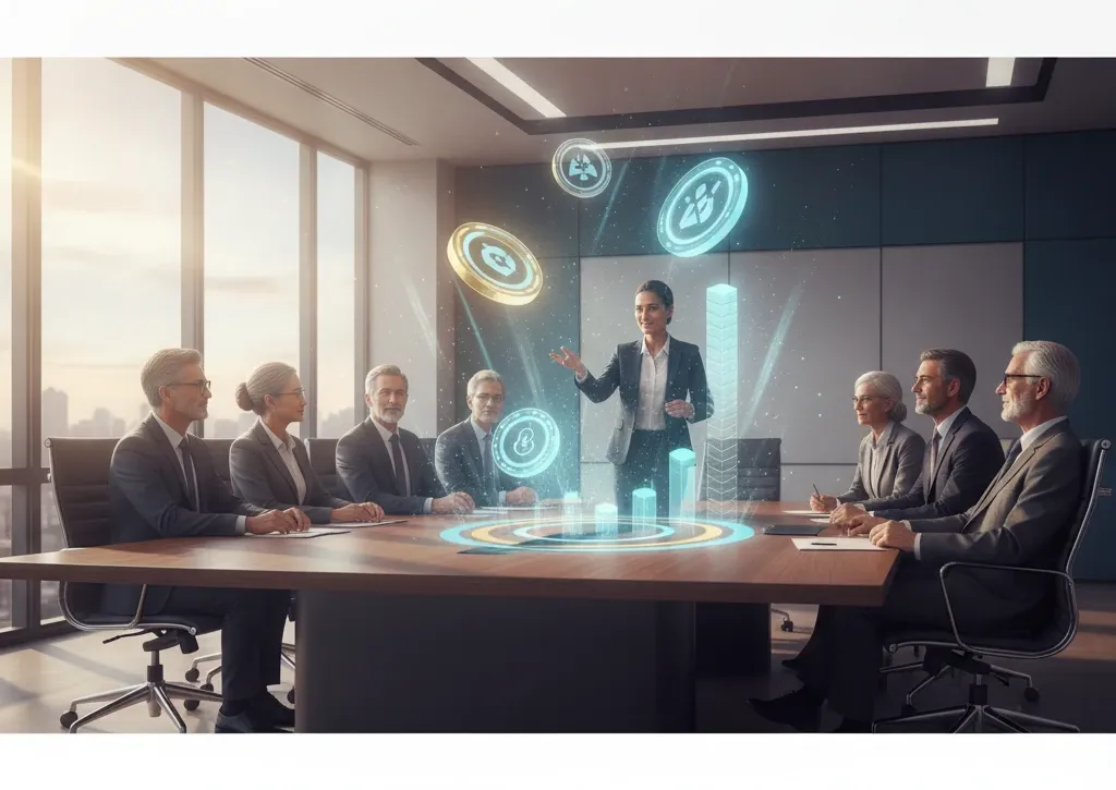 Executives around a boardroom table weighing corporate gamification ROI beside glowing game-style progress icons
