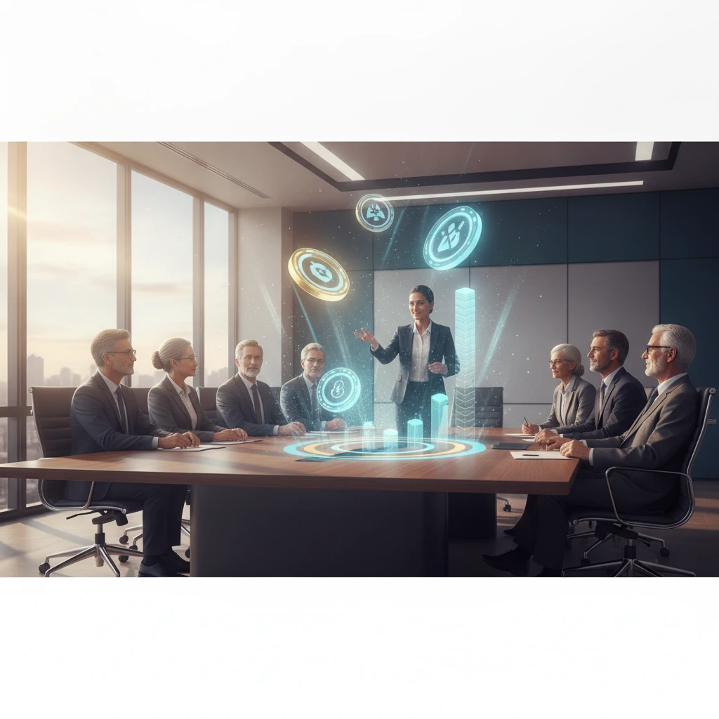 Executives around a boardroom table weighing corporate gamification ROI beside glowing game-style progress icons