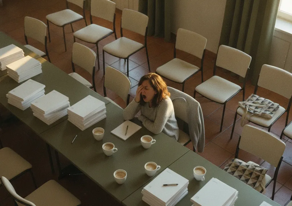 Top-down view of a weary lone employee at a table in a half-empty training room with abandoned workbooks