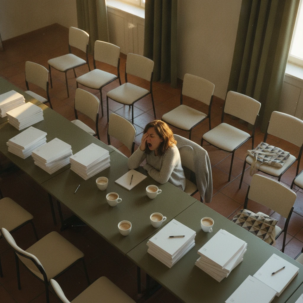 Top-down view of a weary lone employee at a table in a half-empty training room with abandoned workbooks