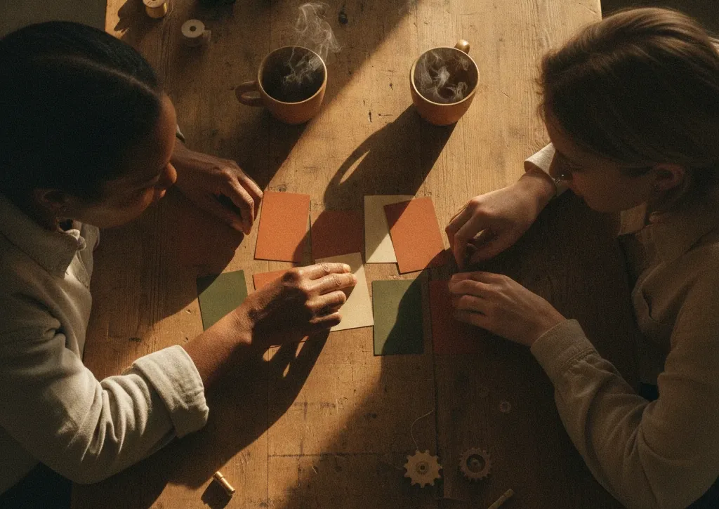Top-down view of a mentor and new hire mid-task during hands-on onboarding, showing employee retention at work
