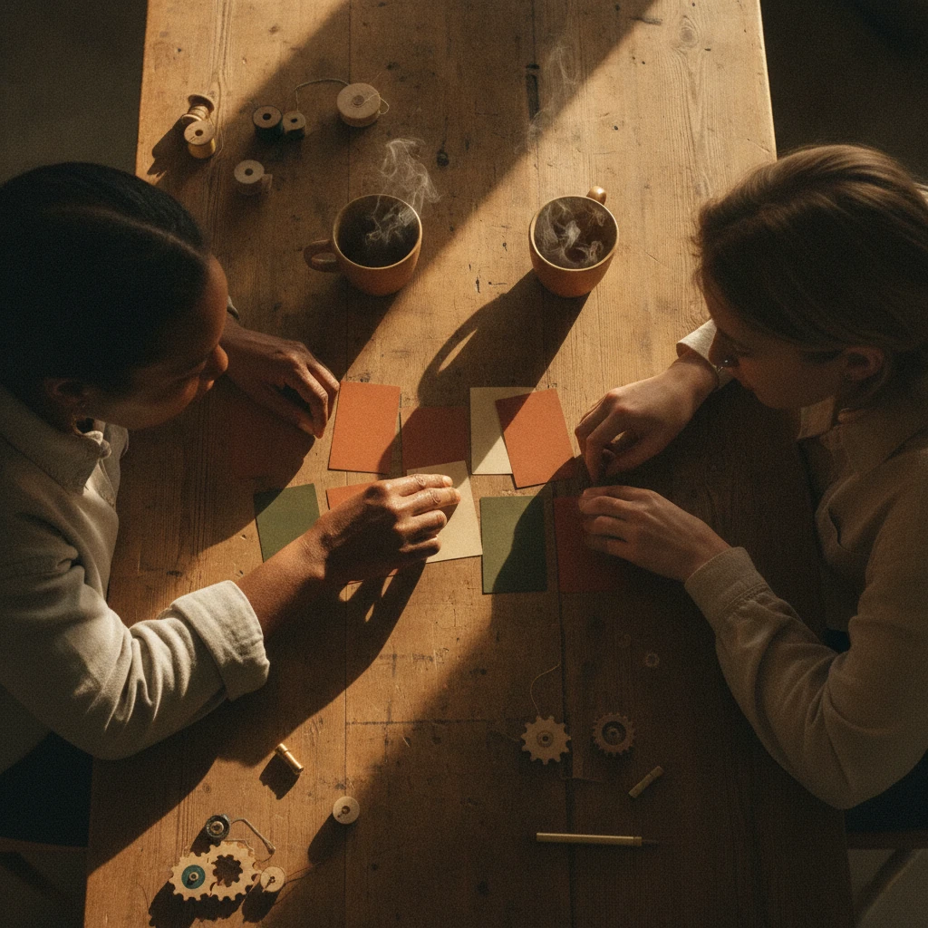Top-down view of a mentor and new hire mid-task during hands-on onboarding, showing employee retention at work