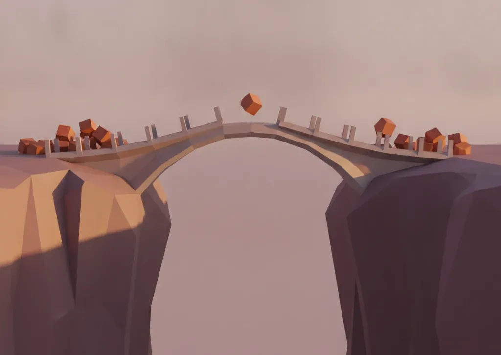 Low-poly faceted blocks converging to close the last gap of a single symmetrical bridge as a build-vs-buy metaphor.