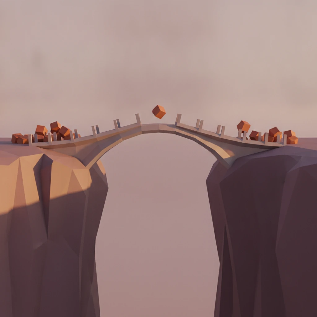 Low-poly faceted blocks converging to close the last gap of a single symmetrical bridge as a build-vs-buy metaphor.