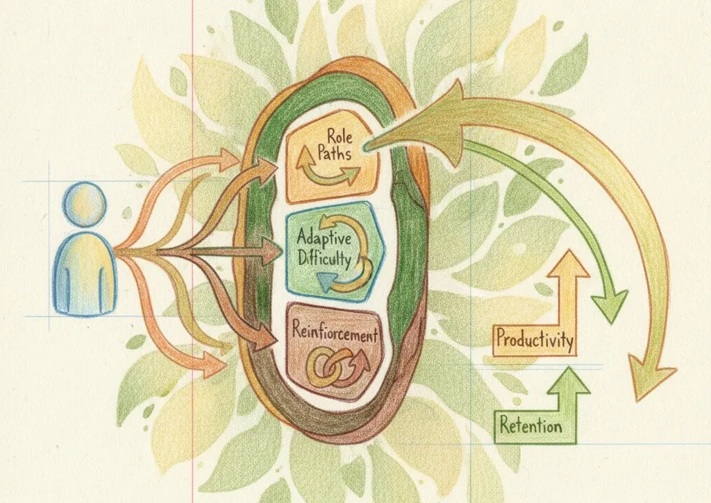 Coloured-pencil sketch of arrows linking one learner's path to rising business results for personalized gamification.