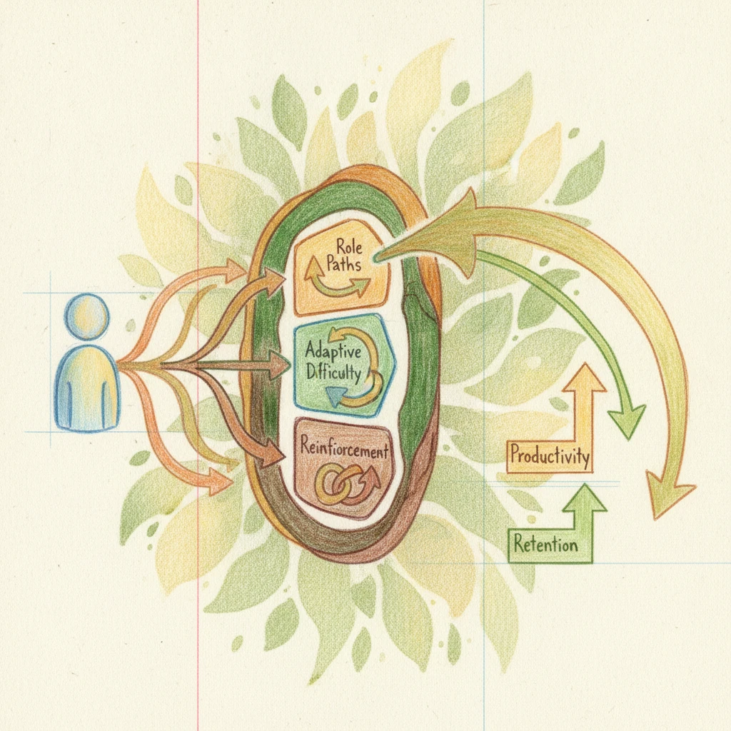 Coloured-pencil sketch of arrows linking one learner's path to rising business results for personalized gamification.