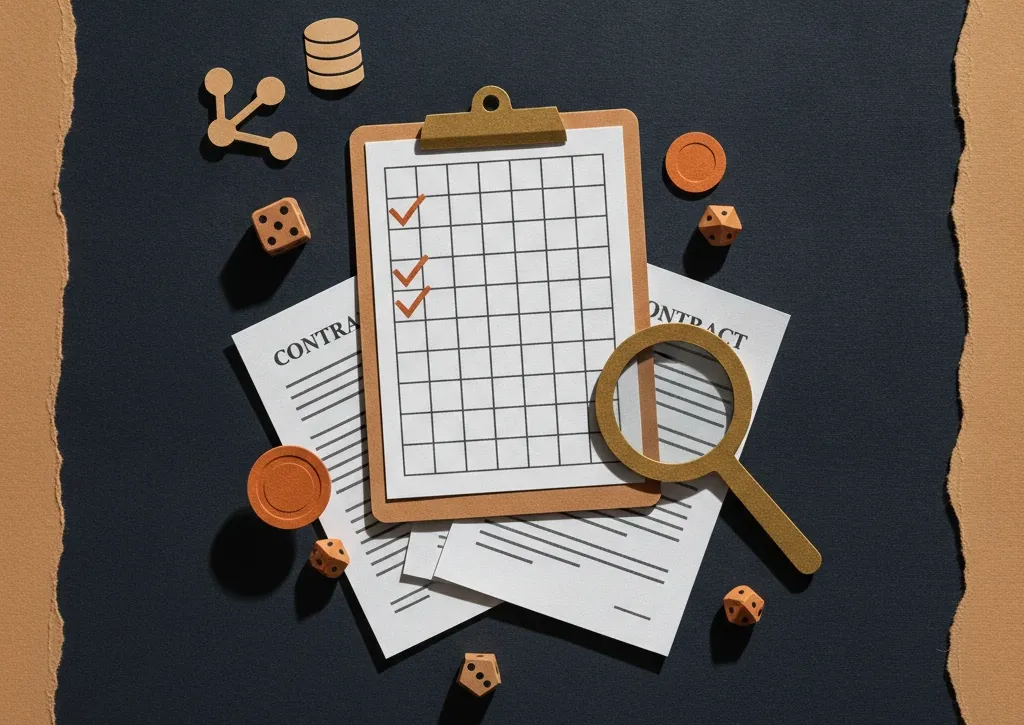 Paper-cutout flat lay of vendor-evaluation objects: clipboard scorecard, contract pages, magnifying glass and dice.