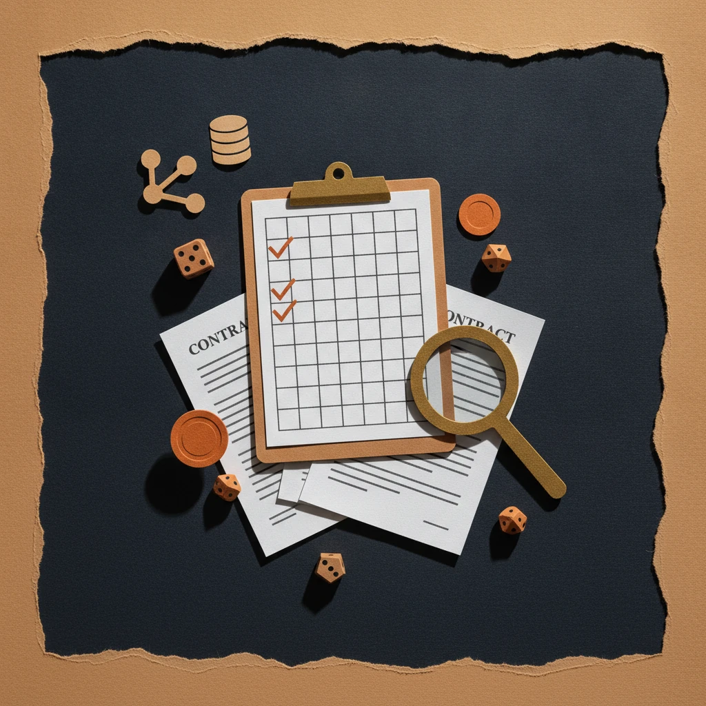 Paper-cutout flat lay of vendor-evaluation objects: clipboard scorecard, contract pages, magnifying glass and dice.