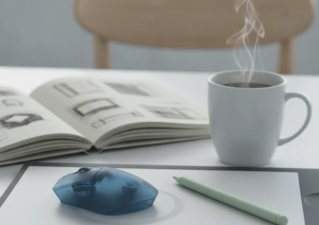 Extreme close-up of a quiet studio desk with a stylus and small 3D-printed model, traces of Unity 3D development work