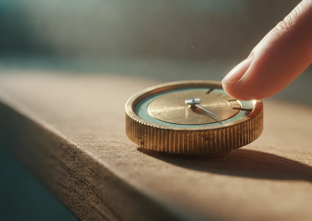 Extreme macro close-up of a brass and aqua progress dial with its needle climbing toward a milestone notch in morning light.