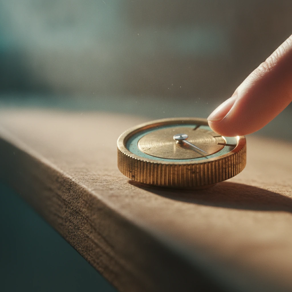 Extreme macro close-up of a brass and aqua progress dial with its needle climbing toward a milestone notch in morning light.