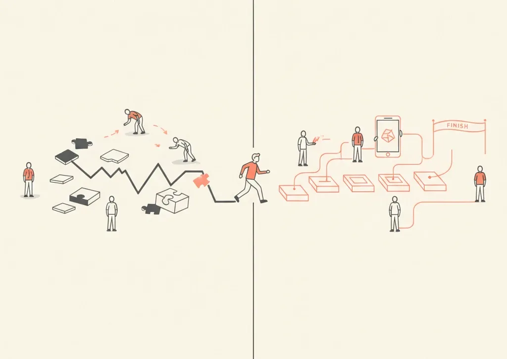 A split-frame illustration contrasting a cluttered, stalled training flow with an orderly gamified one, a lone small figure.
