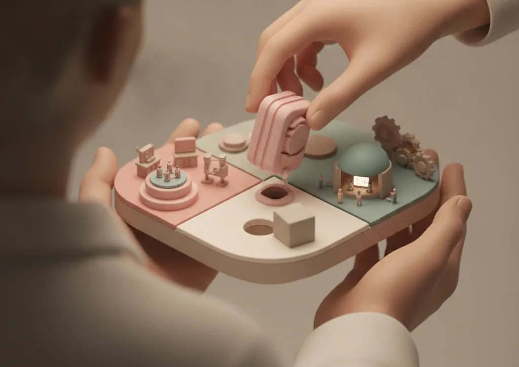 Isometric clay diorama of a custom app module slotting neatly into a workflow island beside a generic block that won't fit.