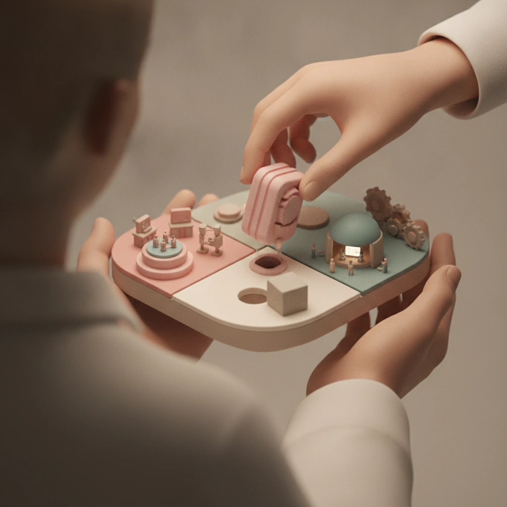 Isometric clay diorama of a custom app module slotting neatly into a workflow island beside a generic block that won't fit.