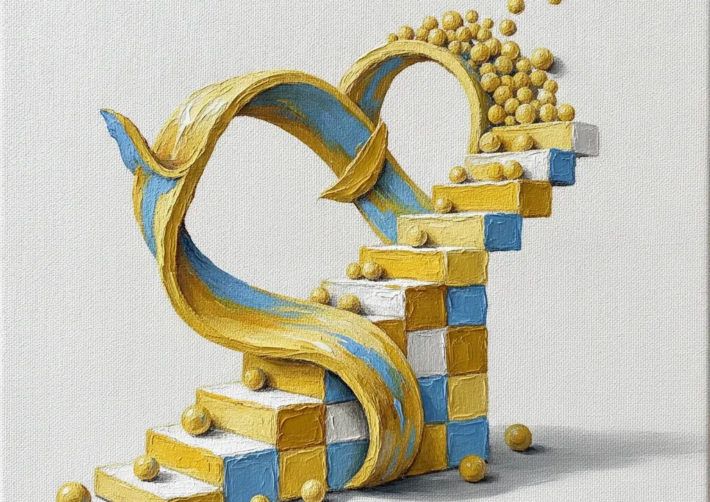 Sculpted yellow blocks and a rising blue fabric ribbon depicting continuous employee participation as tactile rising data