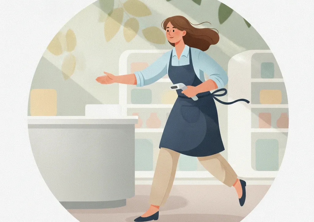 Vector illustration of a retail worker mid-stride making a decision at a counter in dappled green and honey light.