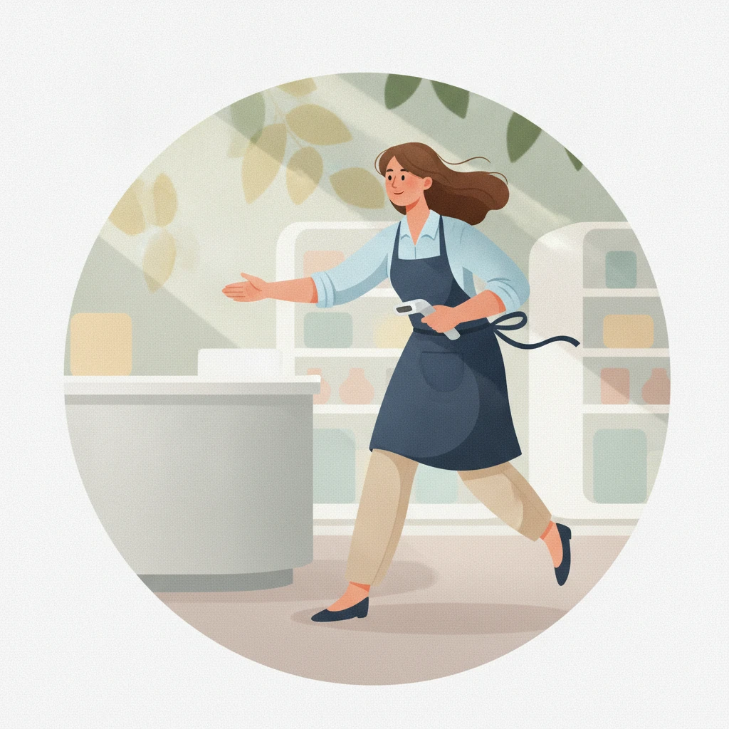 Vector illustration of a retail worker mid-stride making a decision at a counter in dappled green and honey light.