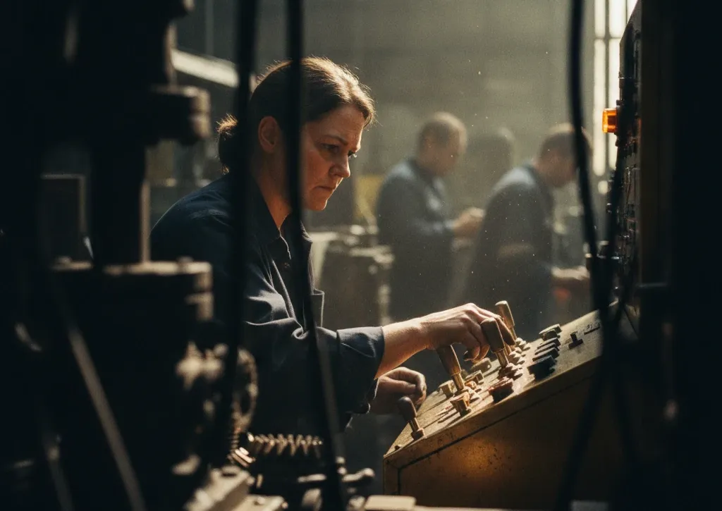 A shift supervisor pauses at a lit factory control station, hand hovering mid-decision as the line runs behind her.