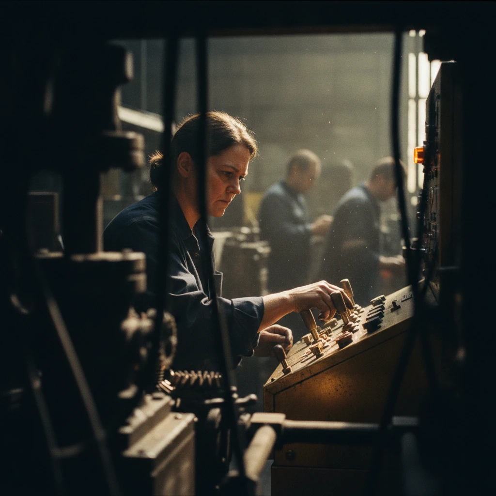 A shift supervisor pauses at a lit factory control station, hand hovering mid-decision as the line runs behind her.