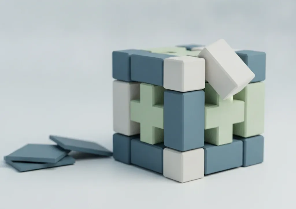 Faceted low-poly blocks snapping into a lattice while flat tiles slide aside, a metaphor for 3D game-based learning fit.