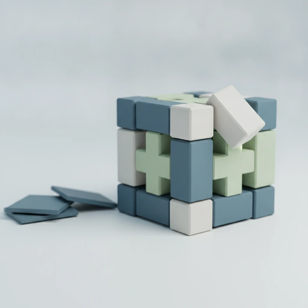 Faceted low-poly blocks snapping into a lattice while flat tiles slide aside, a metaphor for 3D game-based learning fit.