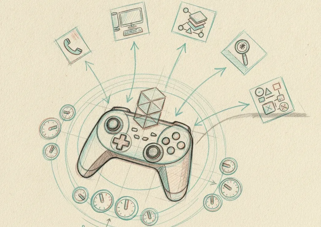 Hand-drawn diagram of panels and arrows mapping the factors that shape a custom Unity development cost budget