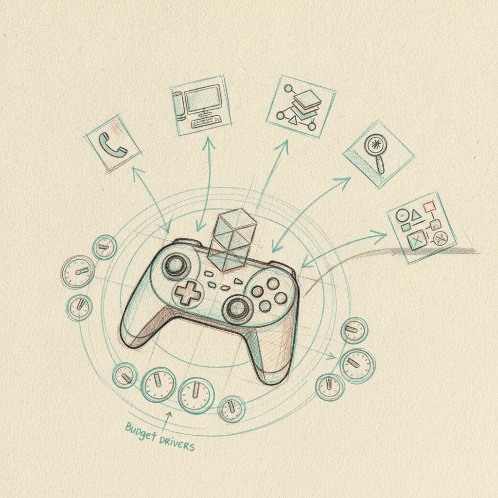 Hand-drawn diagram of panels and arrows mapping the factors that shape a custom Unity development cost budget
