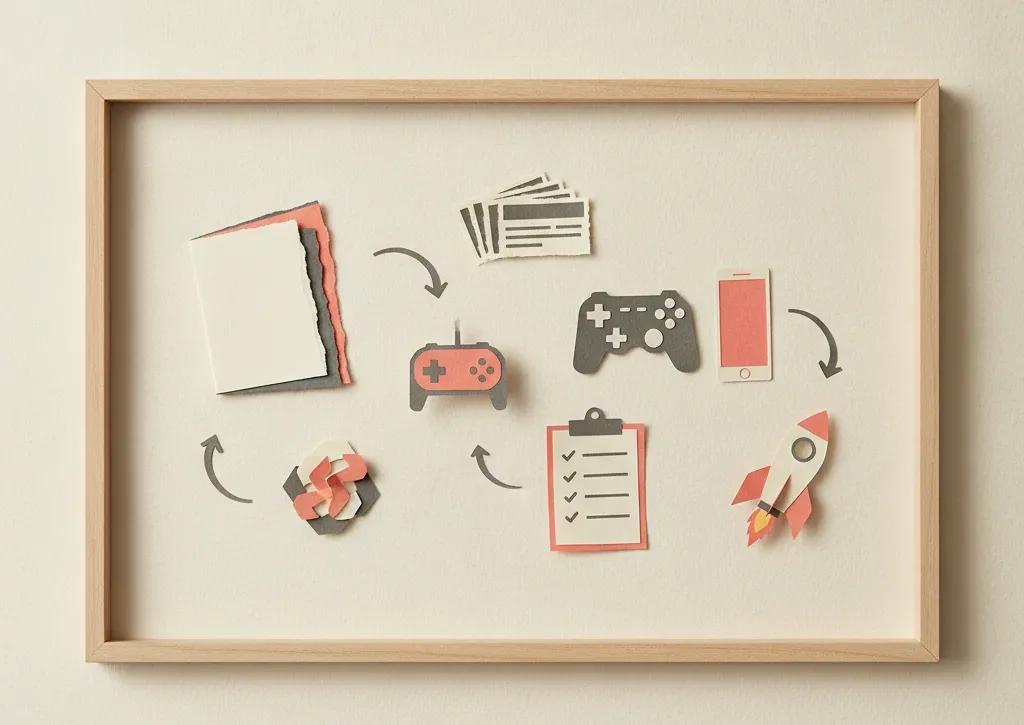 Paper-cutout flat lay of props charting the custom game development process from concept to launch.