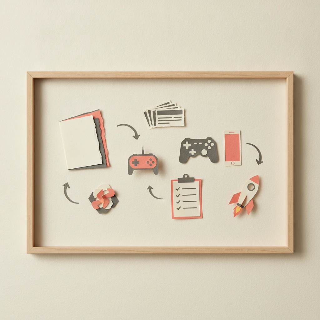 Paper-cutout flat lay of props charting the custom game development process from concept to launch.