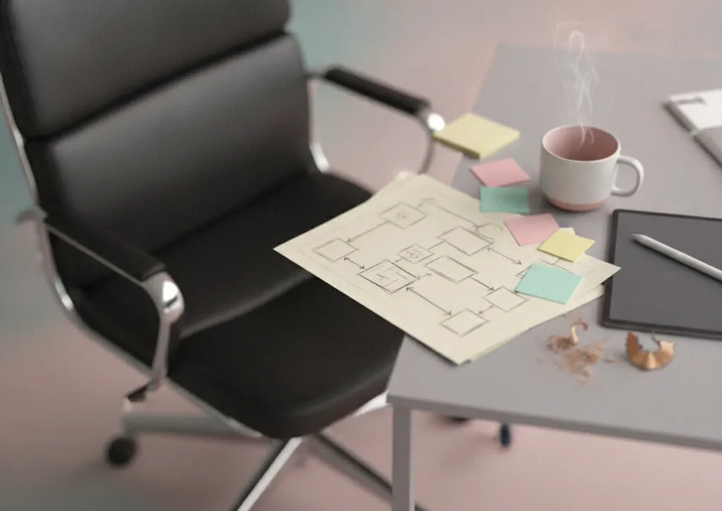 An empty desk with scattered game design sketches, a pushed-back chair, and an open notebook under soft studio light.